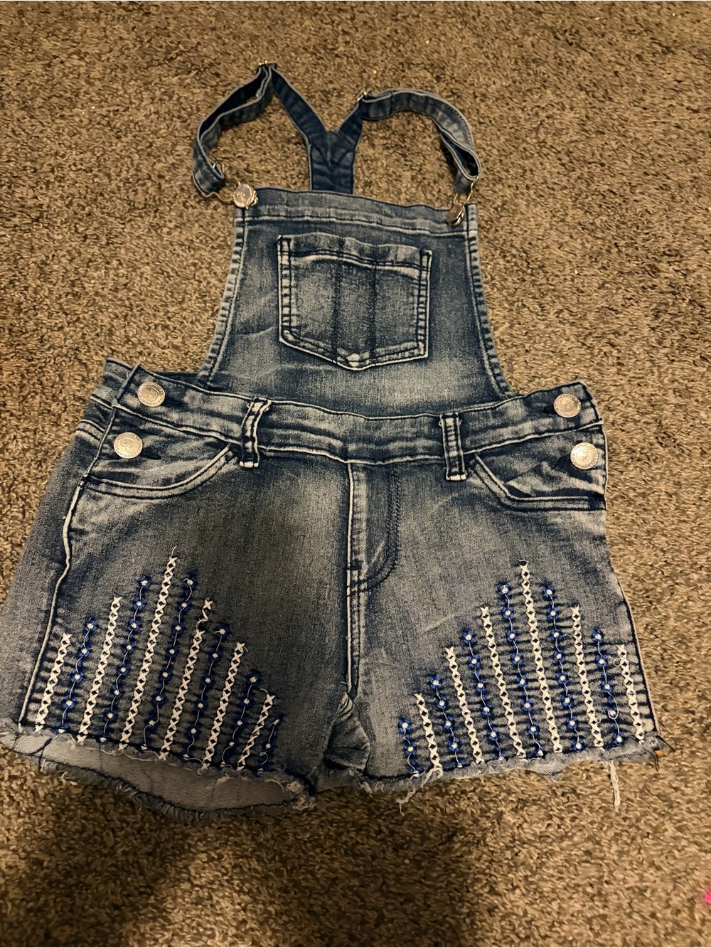 Girls Overall Shorts Denim Blue Embroidered Summer Cutie Patootie EUC Size 12/14